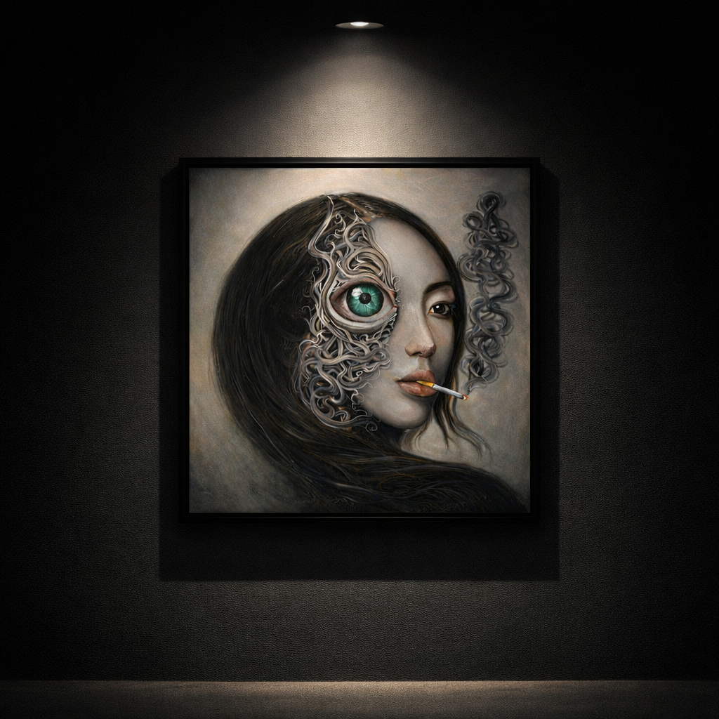 The One Who Sees is a hand-painted piece from the Zoe Arte Originals series.
